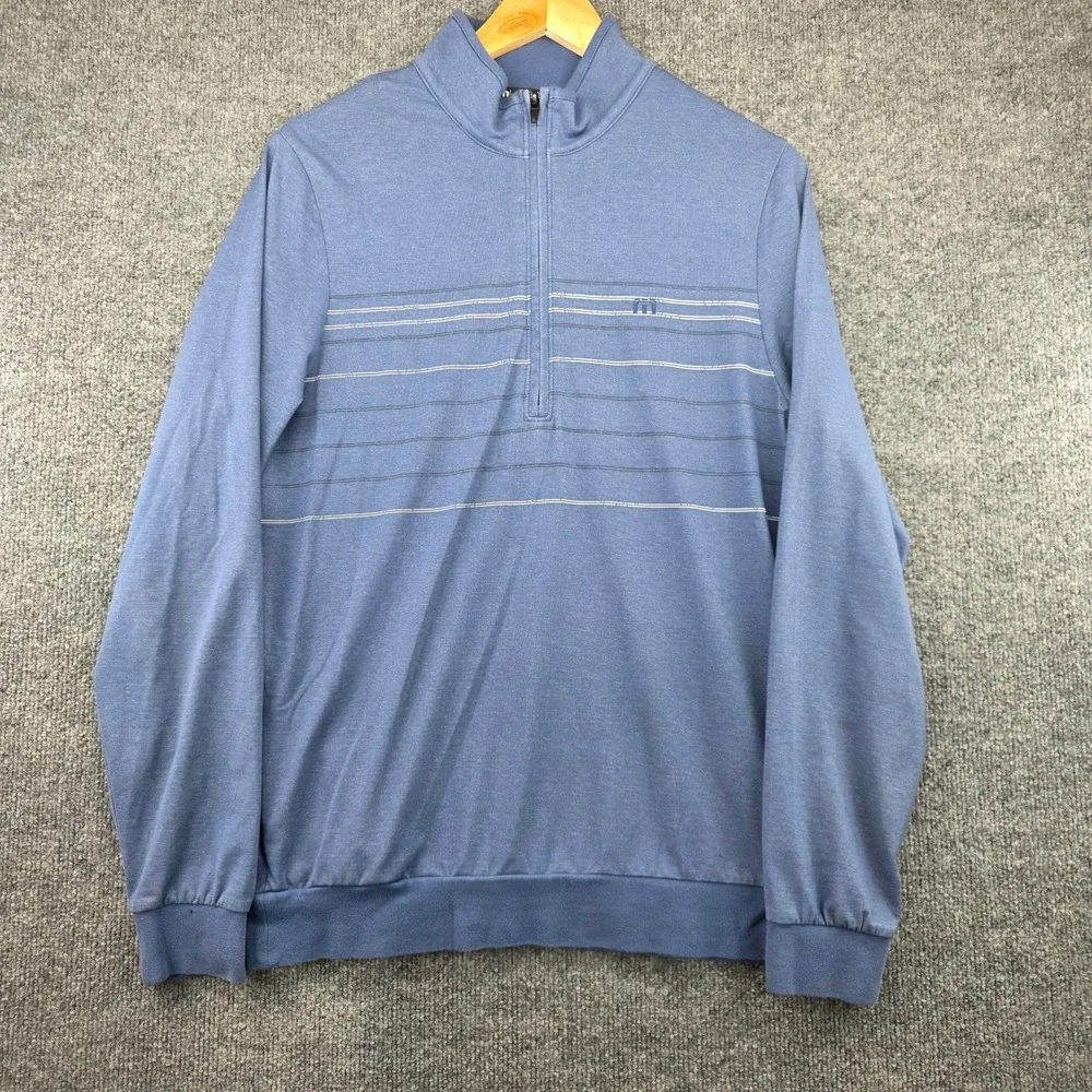 TravisMathew‎ Mens Blue Striped Quarter Zip Pullover Sweater Size S Mock Neck